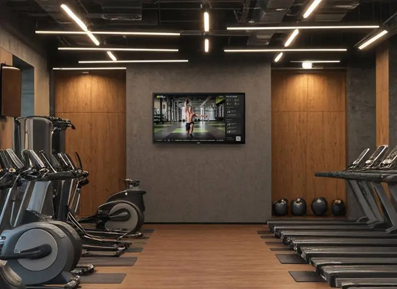 Hotel fitness center with GymStream guided workouts playing on screen, no staff required