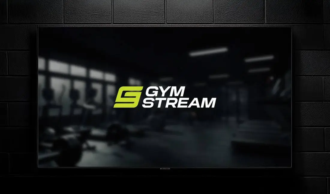 GymStream running on an ordinary smart TV mounted on a gym wall — no extra hardware