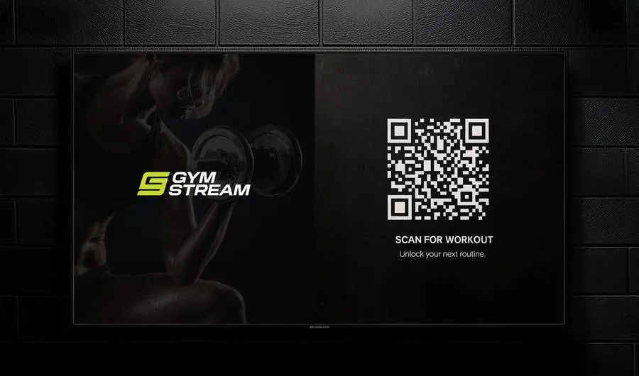 GymStream screen with a scan-for-workout QR code next to the gym's own branded content