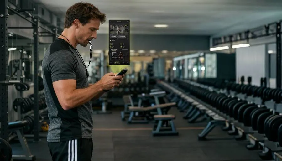 Trainer building a GymStream workout plan on a mobile phone in the gym