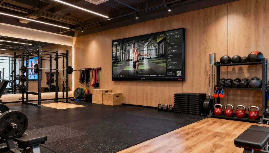 GymStream guided workout session playing on a wall-mounted gym TV