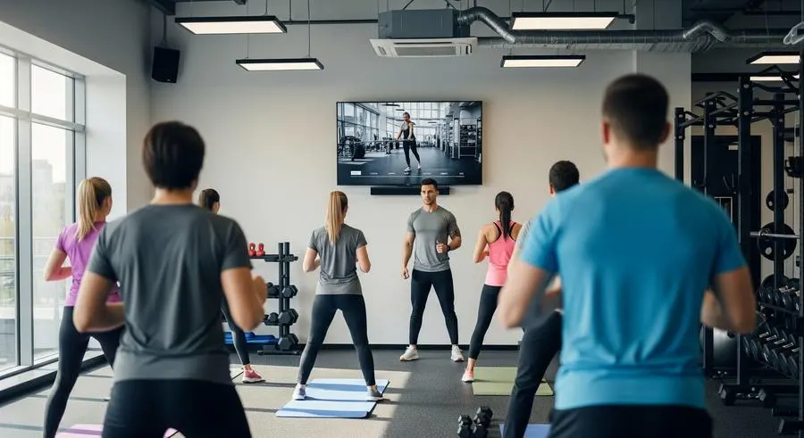 Group of gym members training together, following the workout on screen