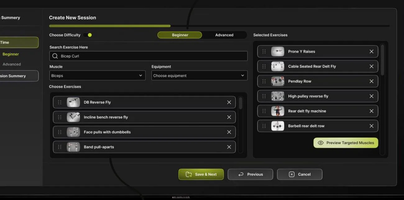 GymStream session builder dashboard — choosing difficulty and selecting exercises from the library
