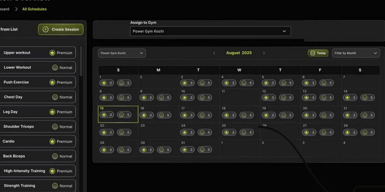 GymStream scheduling dashboard — assigning daily, weekly and monthly workout sessions to a gym