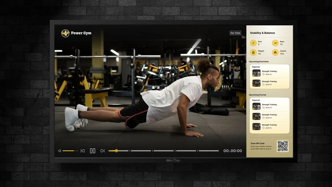 White-labeled GymStream player showing Power Gym branding, logo and colors